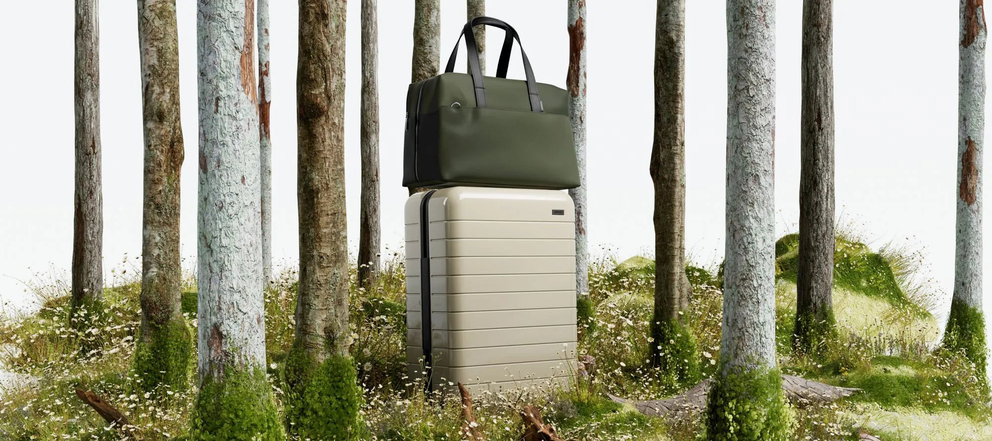 A medium Away gloss white suitcase with an Away green duffle set amongst a surreal forest